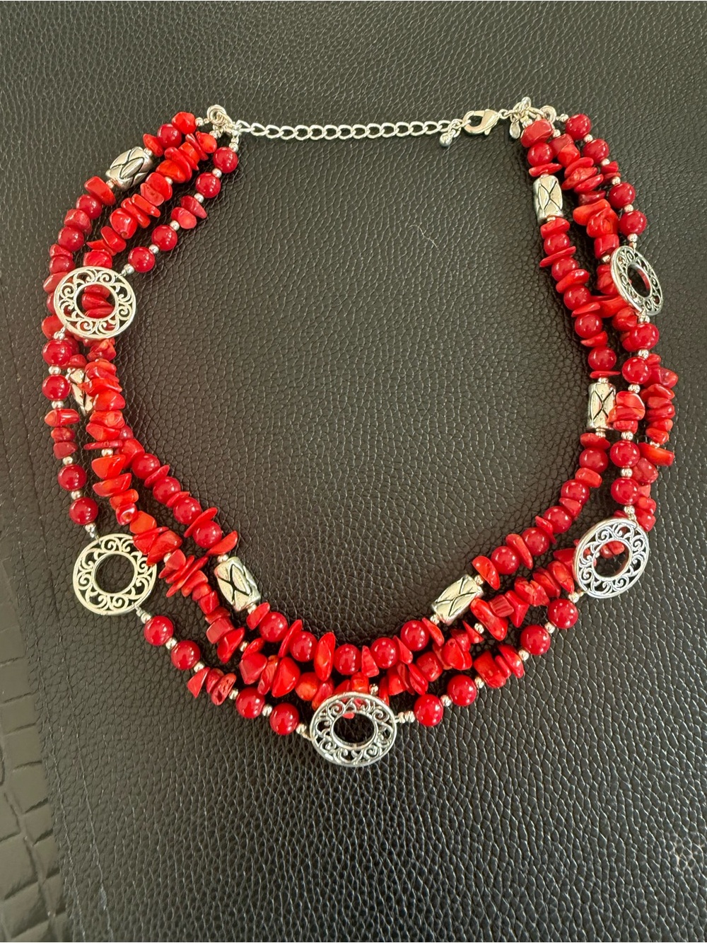 Premier Designs Red Multi-Strand Beaded Necklace with Silver Accents